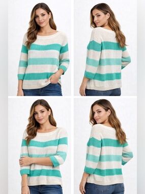 CLOSET CLEANOUT✨ Tommy Hilfiger Striped Top Women’s XL White Teal Crew Neck Knit